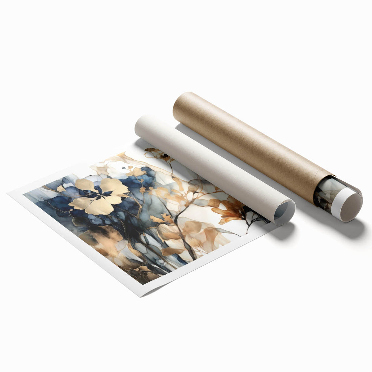 Abstract floral wall art print featuring vibrant colors of blue, pink, and gold on a textured background, ideal for home decor and modern aesthetics.