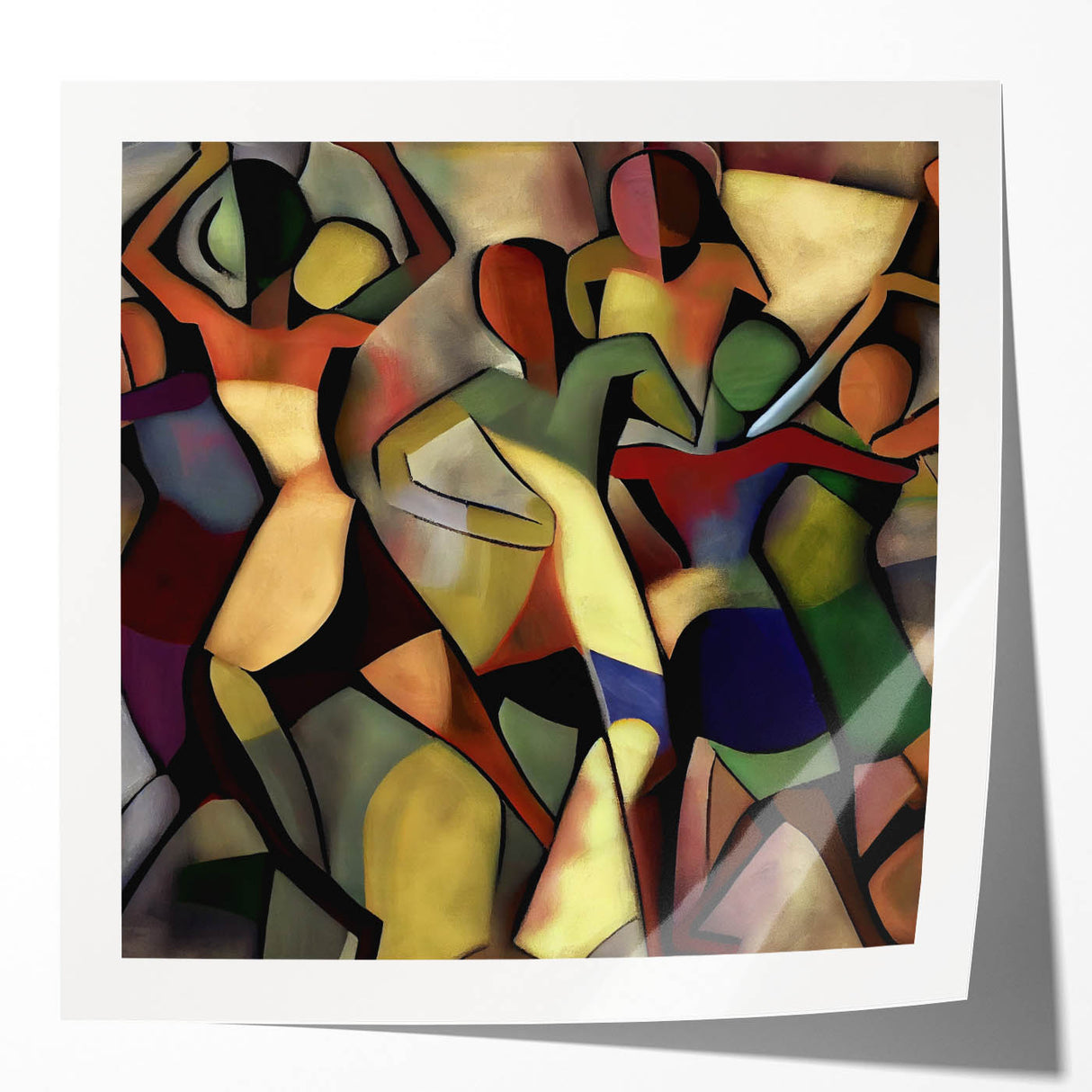 Abstract figurative art print displayed in a glossy finish, showcasing vibrant colors and dynamic shapes, perfect for modern home decor or gallery settings.