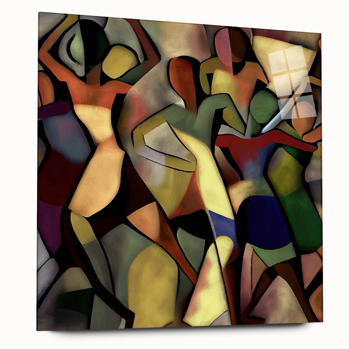 Abstract figurative acrylic artwork displayed in a glass frame, showcasing vibrant colors and intricate patterns from a side view, perfect for modern decor.