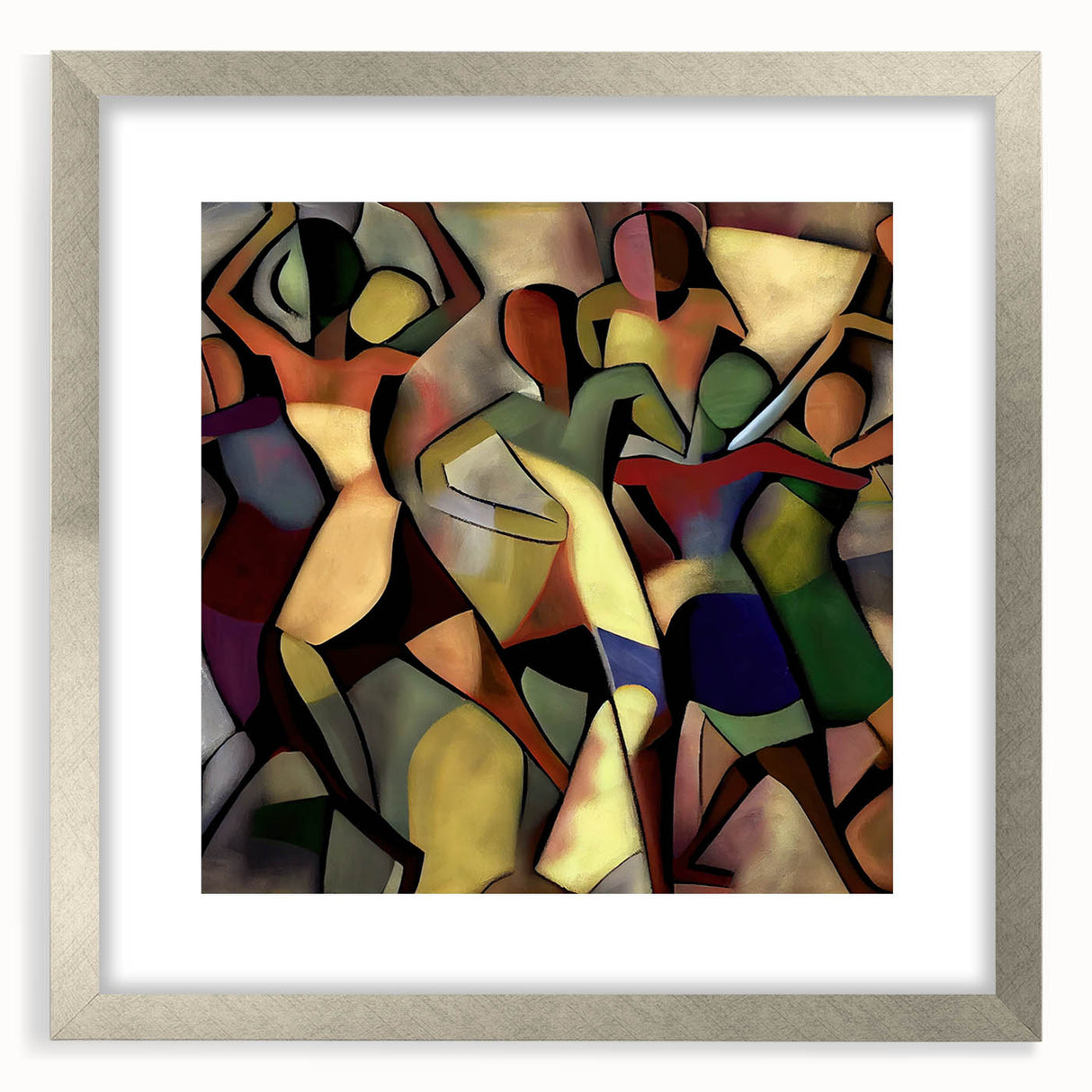 Abstract figurative art frame in a sleek silver finish, displaying a modern design with a mat, ideal for enhancing contemporary home decor aesthetics.