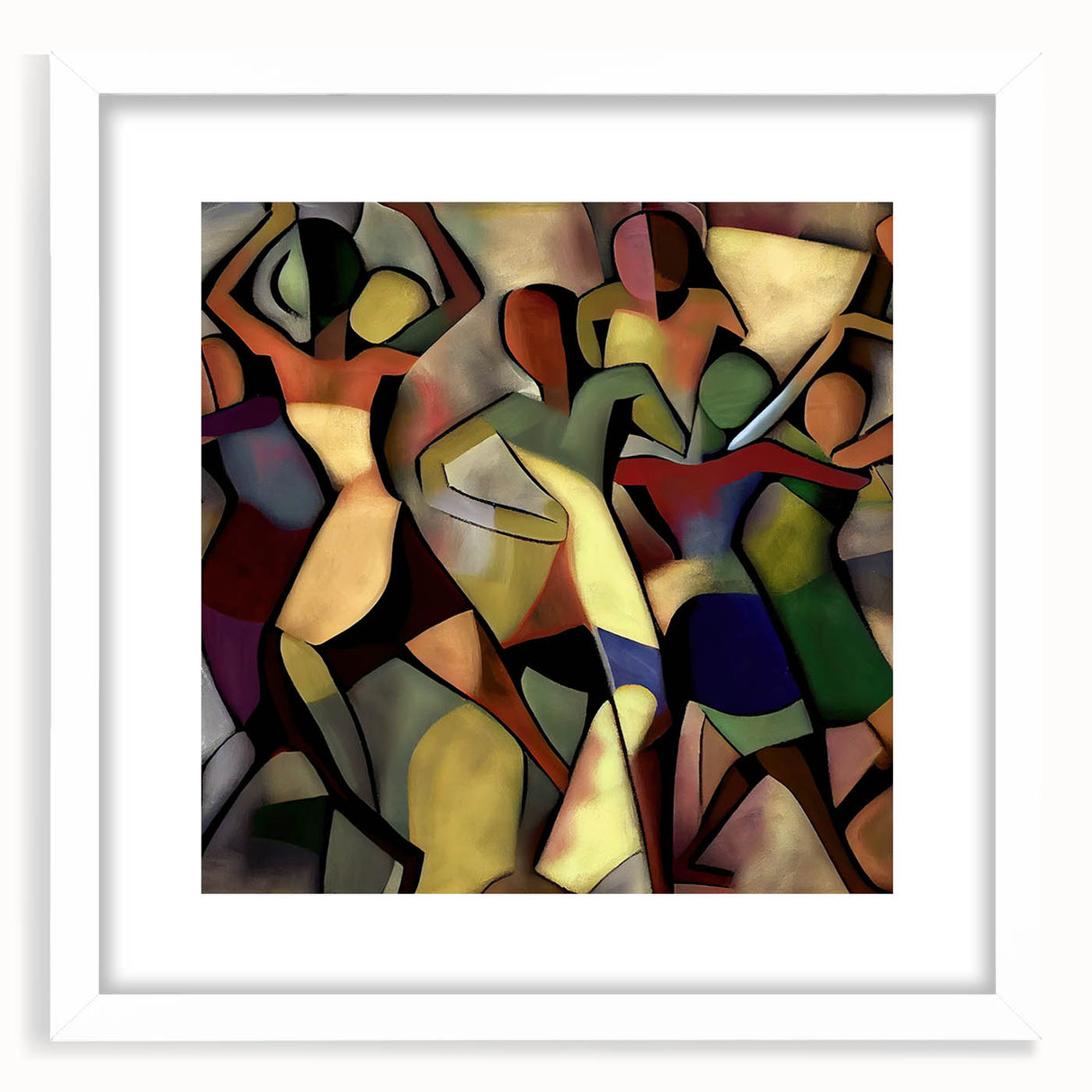 Abstract figurative frame with a white mat, showcasing an artistic design that combines vibrant colors and unique shapes, ideal for modern home decor and gallery displays.