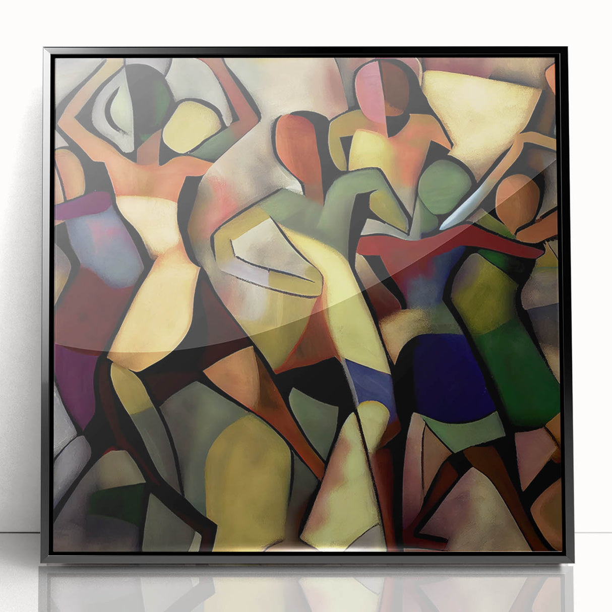 Abstract figurative framed acrylic artwork in a sleek black frame, showcasing vibrant colors and dynamic shapes, ideal for modern home decor.