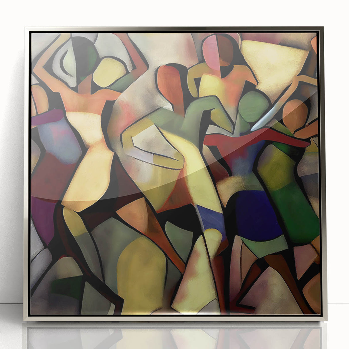 Framed abstract figurative art piece in silver acrylic, showcasing a modern design with fluid shapes and vibrant colors, ideal for contemporary decor.