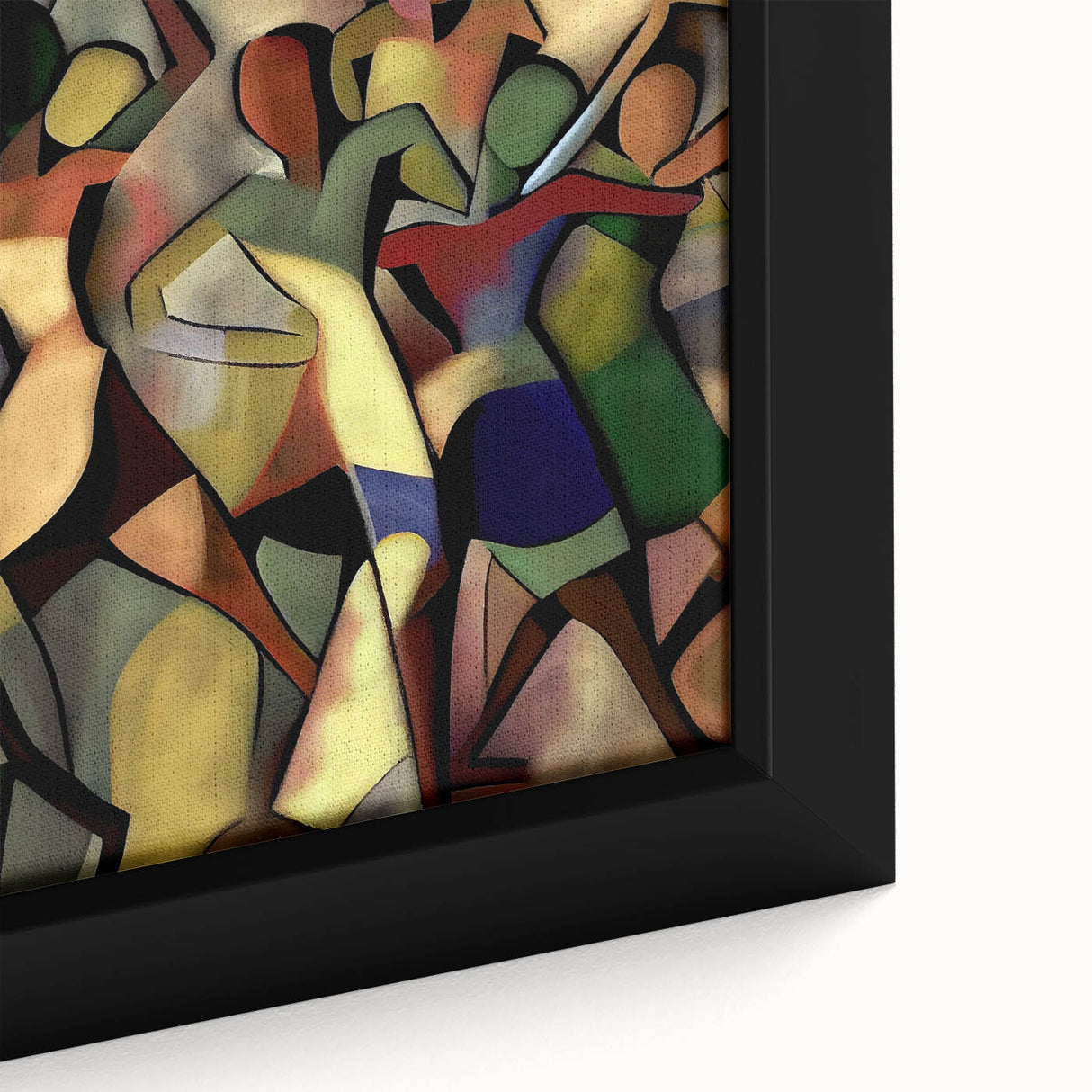 Close-up of a vibrant abstract figurative canvas artwork showcasing bold colors and intricate designs, framed elegantly for modern home decor. Perfect for adding a contemporary touch to any space.