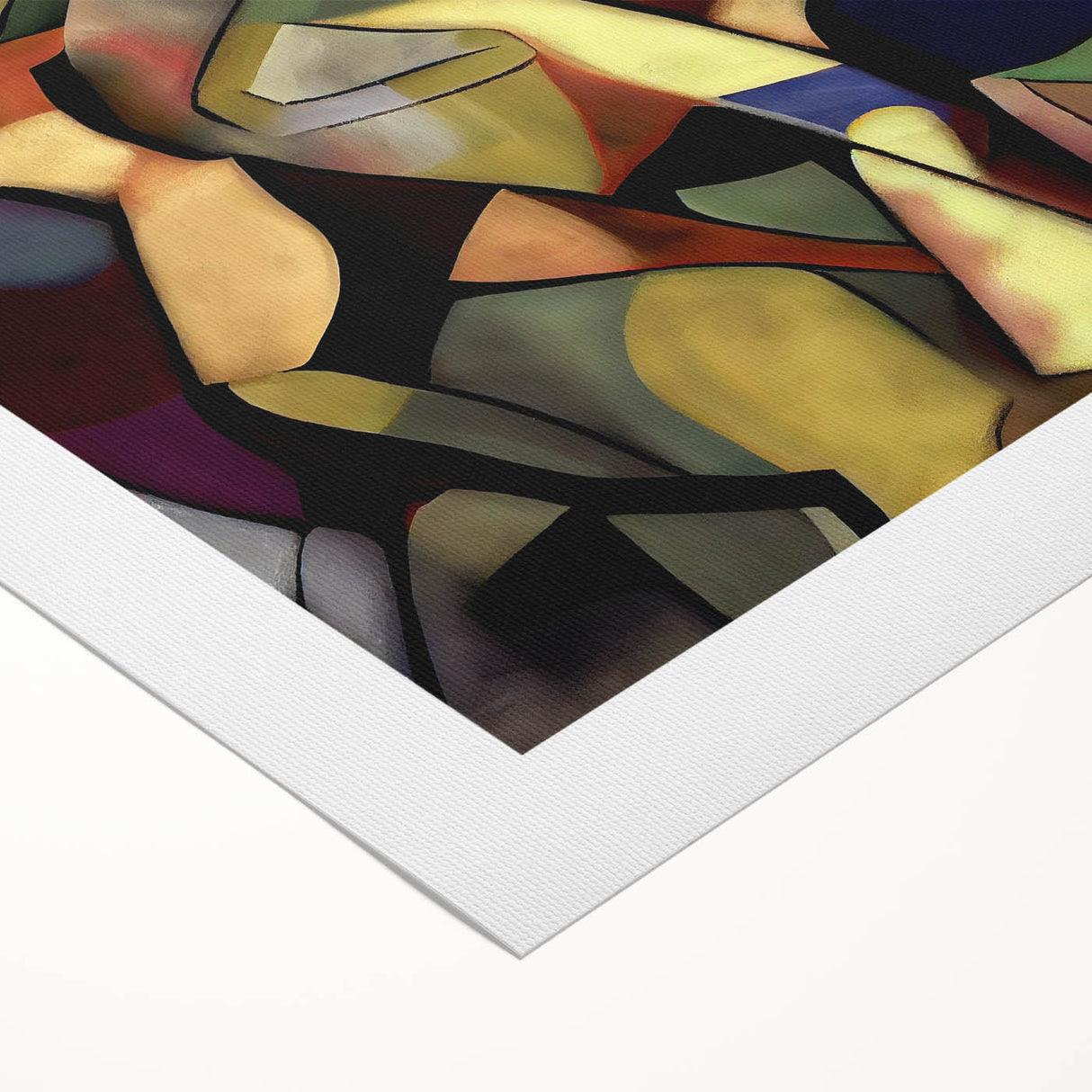 Abstract figurative rolled canvas artwork showcasing vibrant colors and dynamic shapes, elegantly packaged in a protective cardboard tube for safe transport.