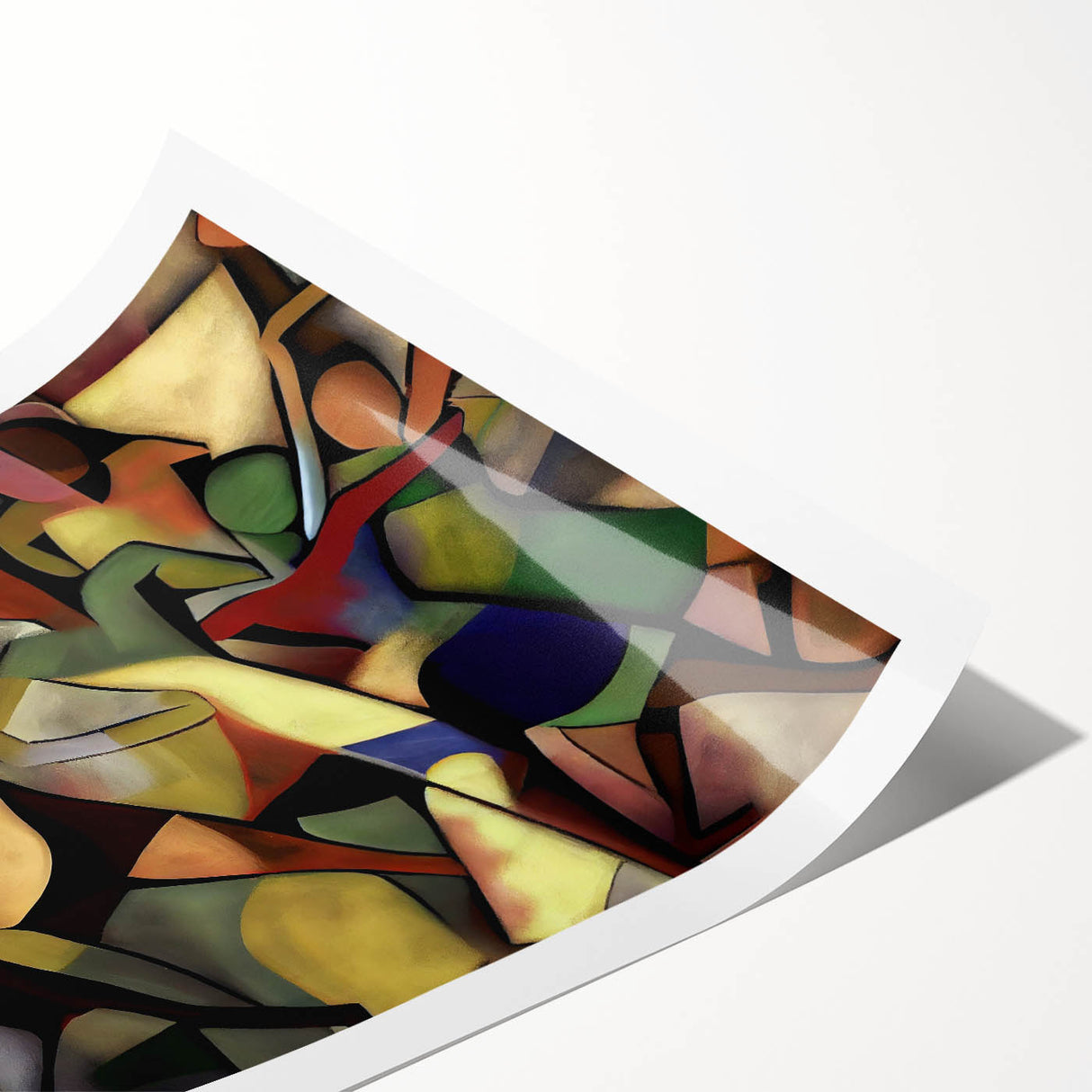 Abstract figurative art print showcasing vibrant colors and dynamic shapes, elegantly rolled and displayed in a protective tube, perfect for modern decor.