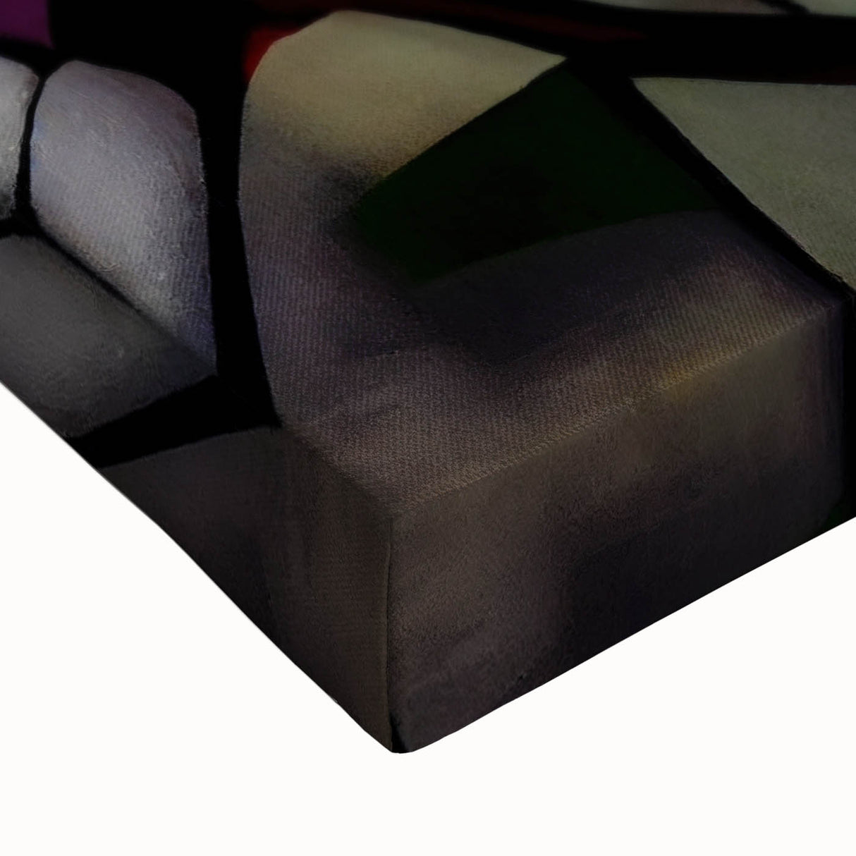 Close-up of an abstract figurative stretched canvas artwork showcasing vibrant colors and dynamic shapes, perfect for modern home decor or artistic accents.