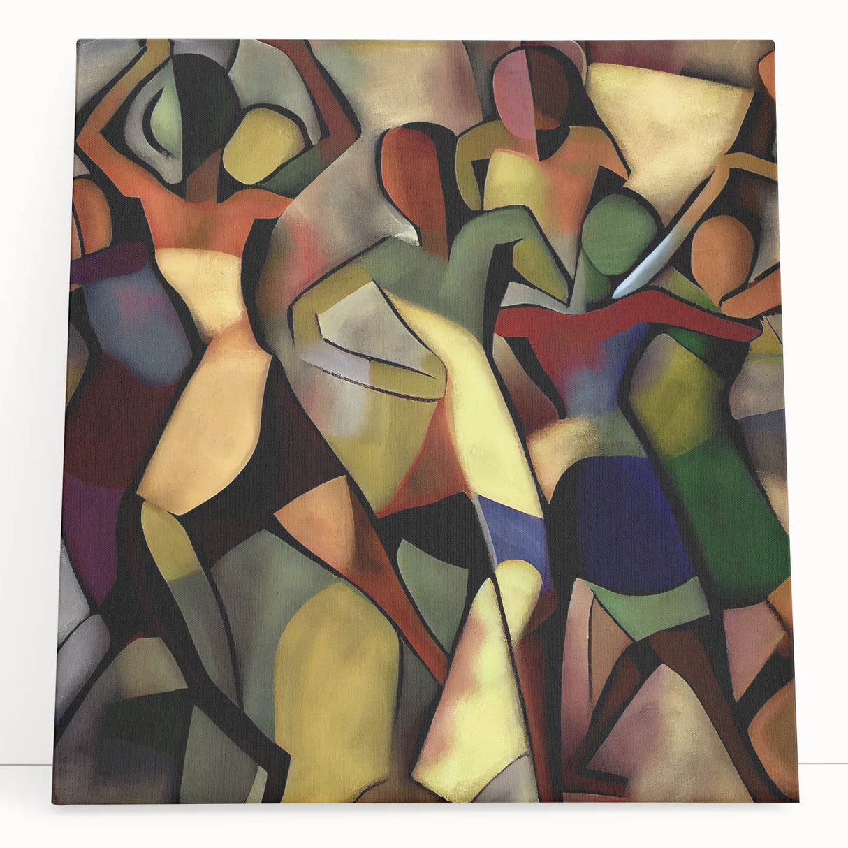 Abstract figurative stretched canvas art piece showcasing vibrant colors and dynamic shapes, ideal for modern home decor, leaning against a wall for display.