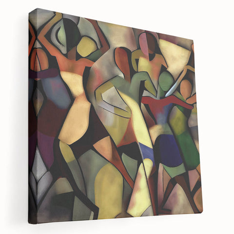 Abstract figurative stretched canvas artwork showcasing vibrant colors and dynamic shapes, perfect for modern home decor, displayed in a side view to highlight texture and depth.