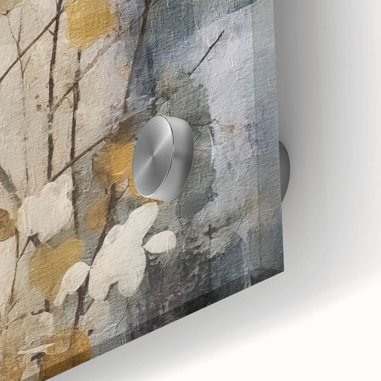 Close-up of abstract floral wall art design printed on acrylic glass, showcasing vibrant colors and intricate details, ideal for modern home decor.