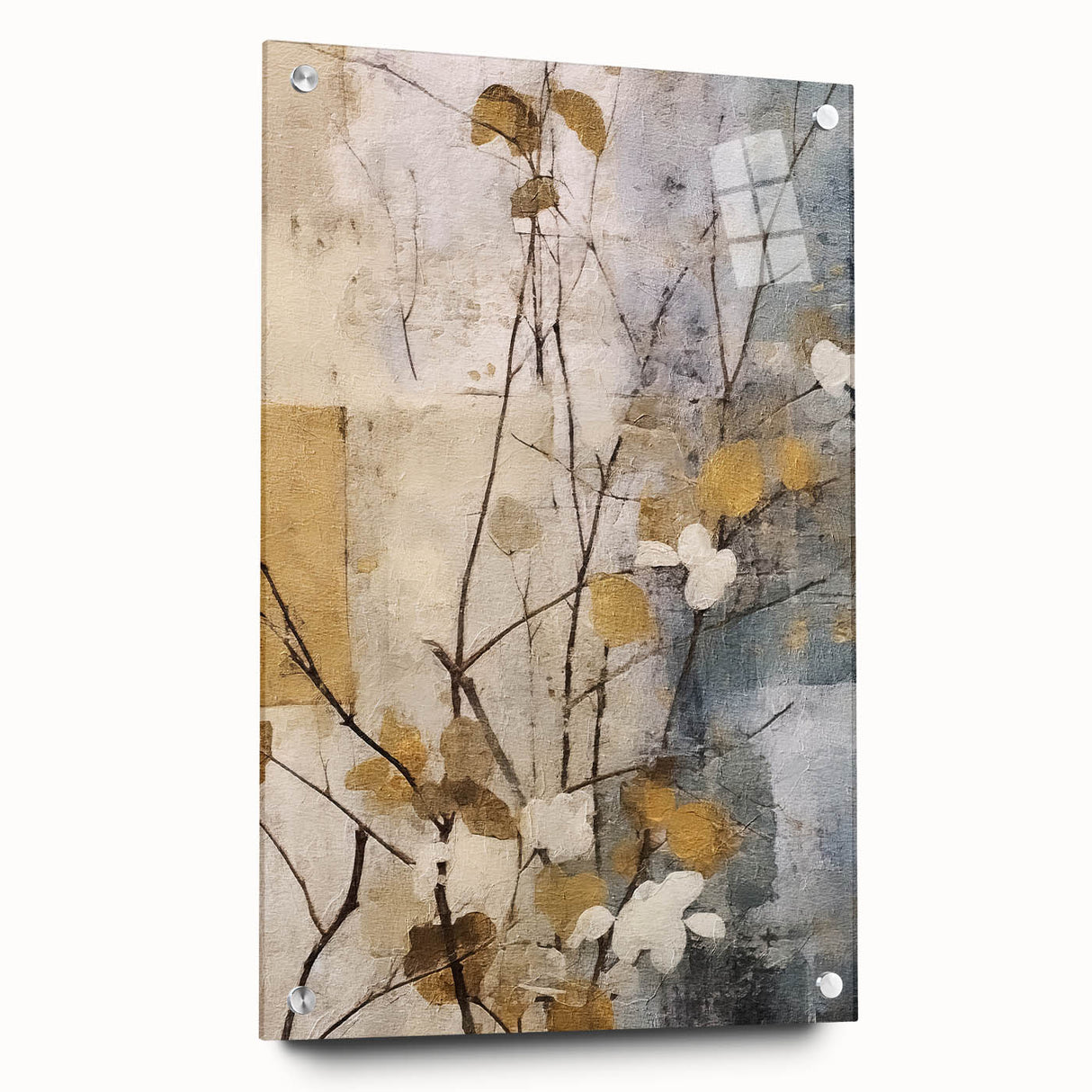 Abstract floral wall art displayed in a sleek acrylic frame, showcasing vibrant colors and intricate designs, ideal for modern home decor. Side view highlights the frame's depth and pin details, perfect for adding a stylish touch to any interior space.