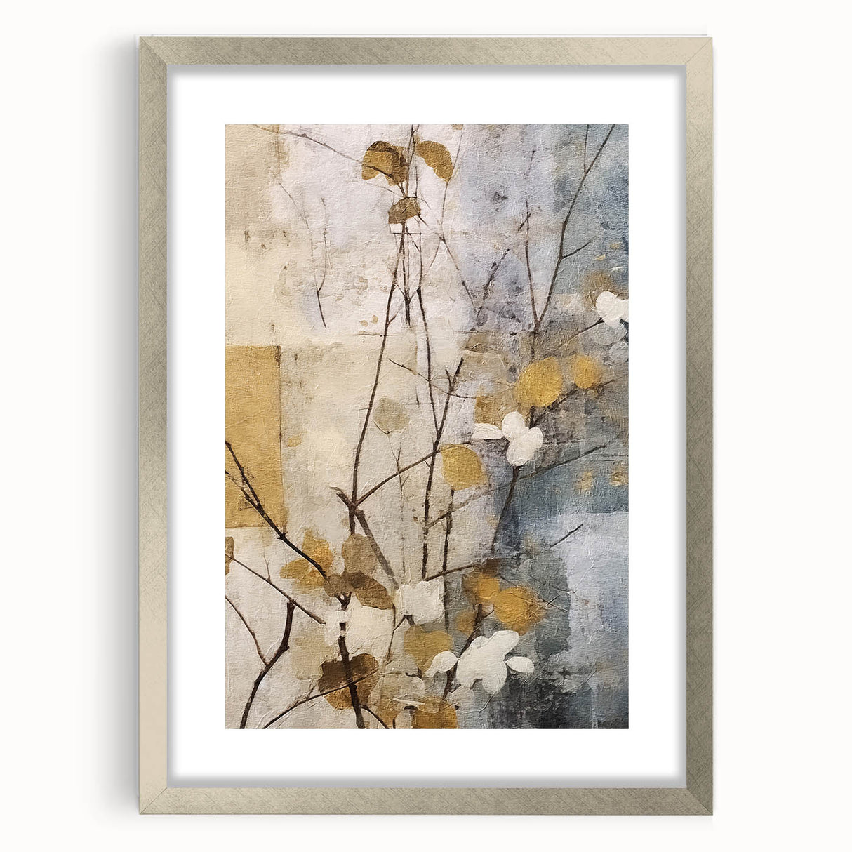 Abstract floral wall art framed in silver with a white mat, showcasing vibrant colors and intricate patterns, perfect for home decor and modern aesthetics.