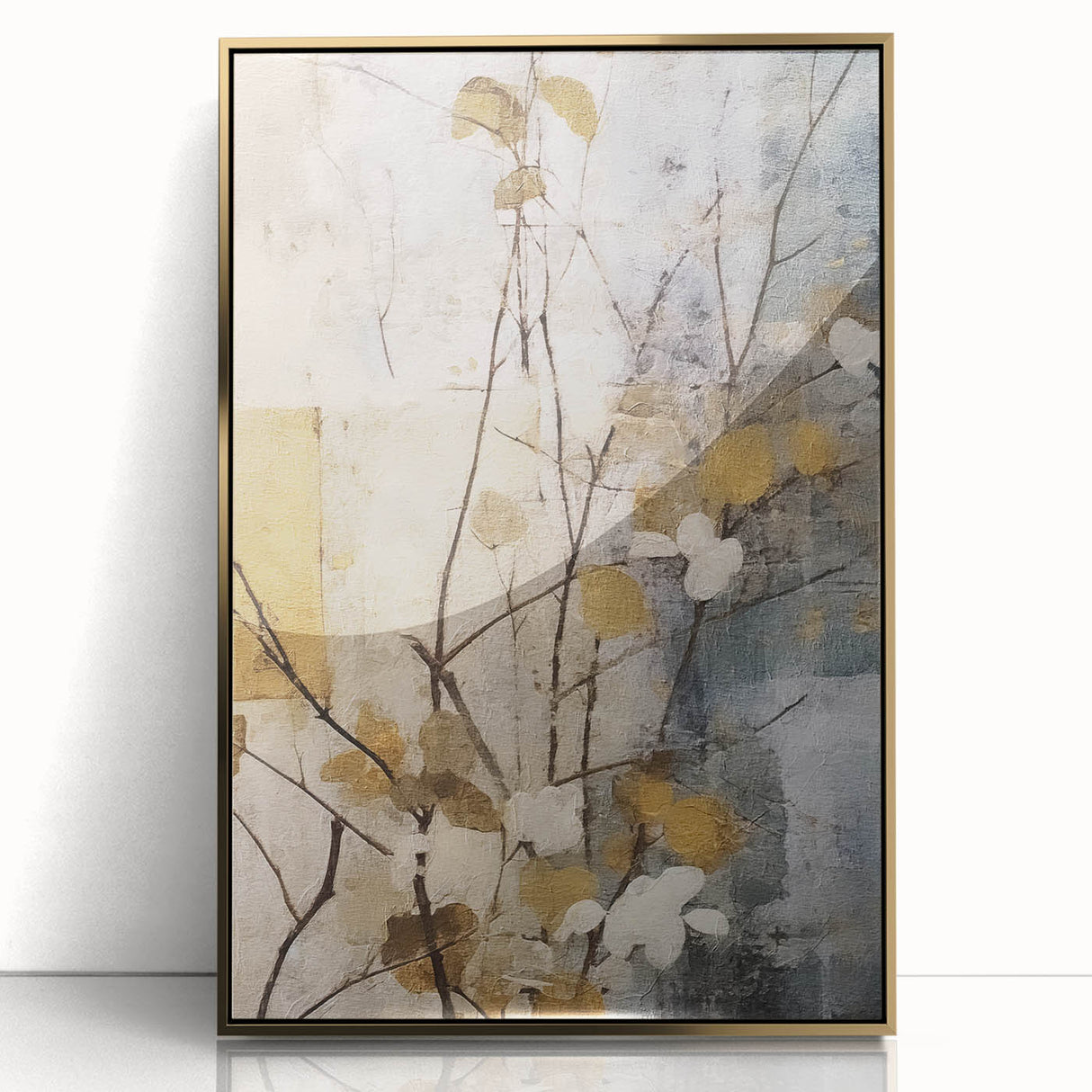 Framed abstract floral wall art featuring vibrant colors and delicate gold accents, perfect for modern home decor. Ideal for adding a touch of elegance to any room.