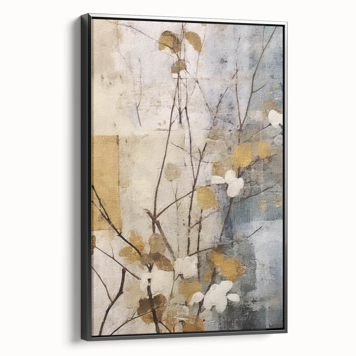 Framed canvas wall art showcasing abstract floral design in vibrant colors, displayed from a black side view, ideal for modern home decor and aesthetic enhancement.