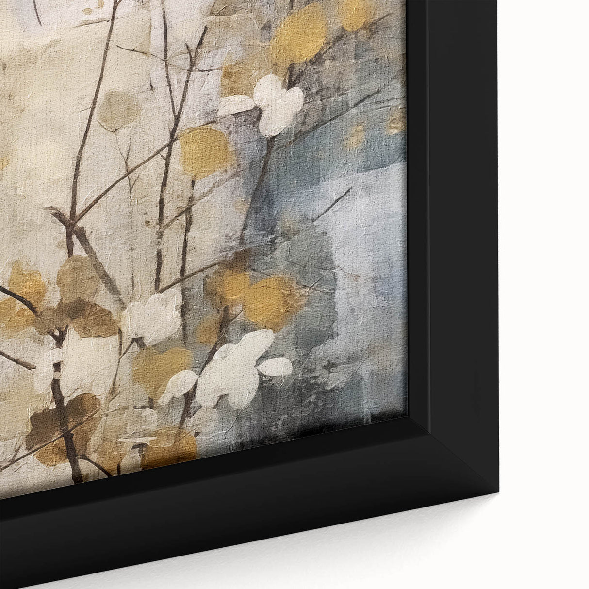 Close-up of a framed canvas wall art featuring vibrant abstract floral designs in shades of pink, blue, and green, perfect for modern home decor.