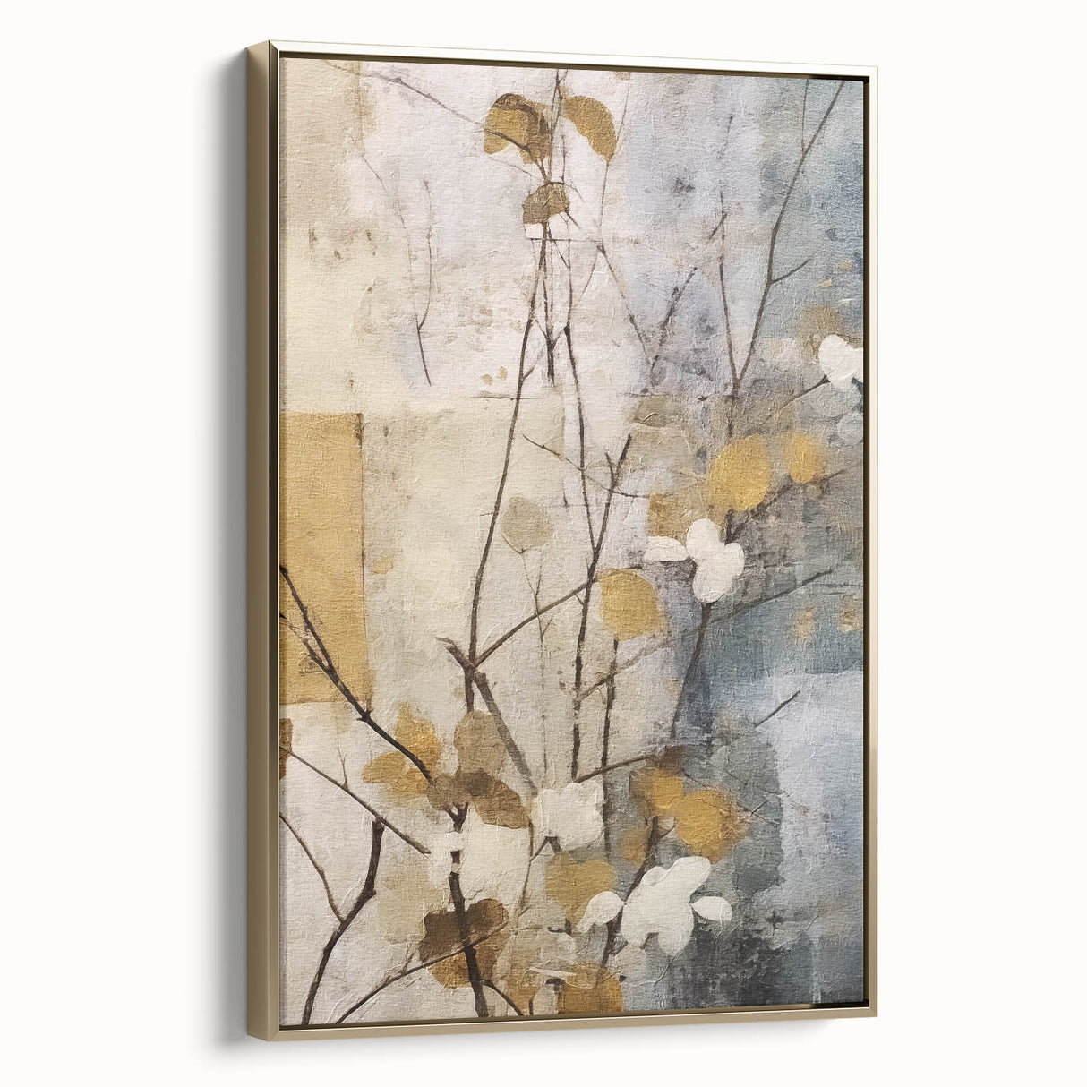 Framed canvas wall art showcasing abstract floral designs in vibrant gold and soft pastel colors, highlighting intricate details and textures. Ideal for modern home decor.