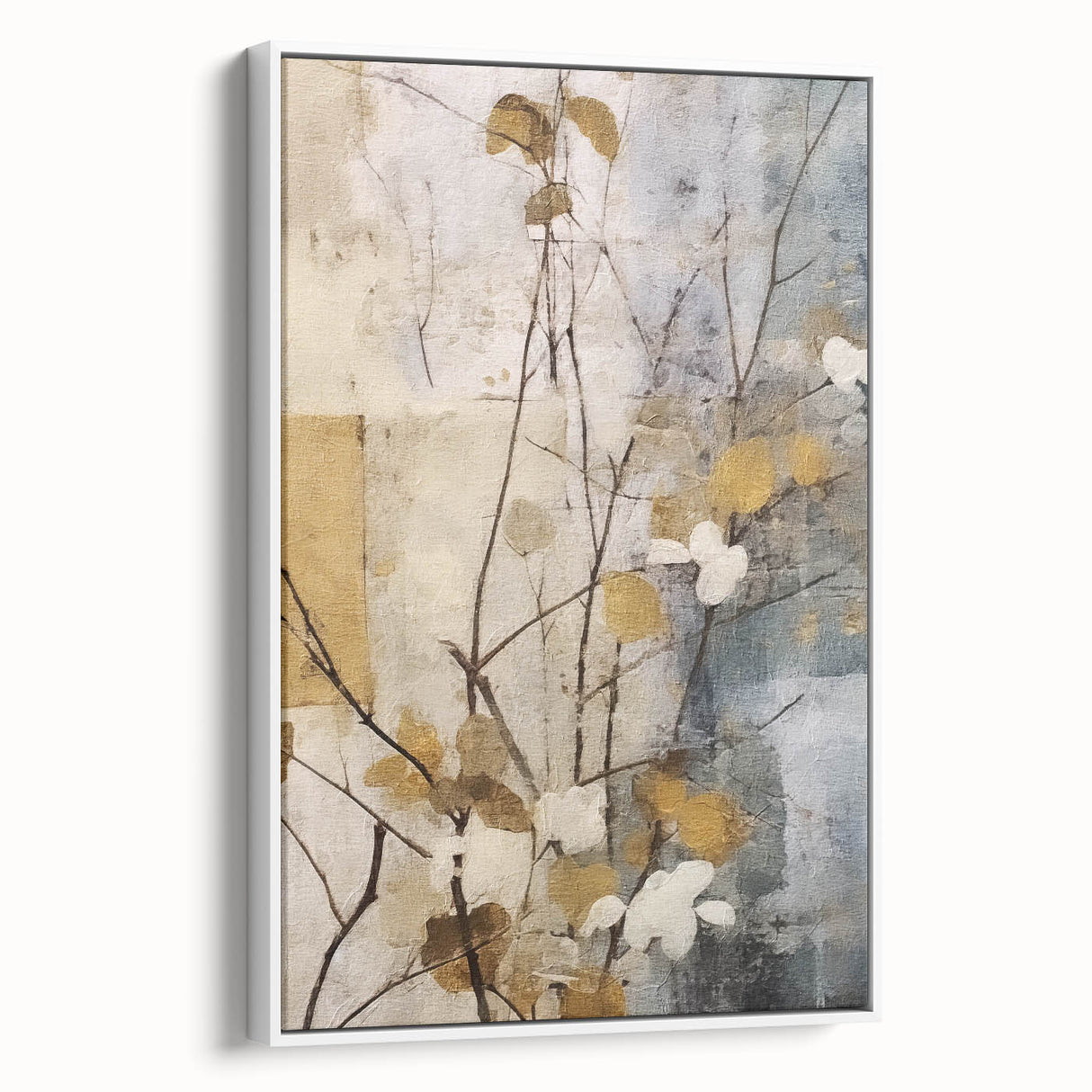 Framed abstract floral wall art in a sleek white frame, showcasing vibrant colors and intricate designs, perfect for modern decor in living spaces.