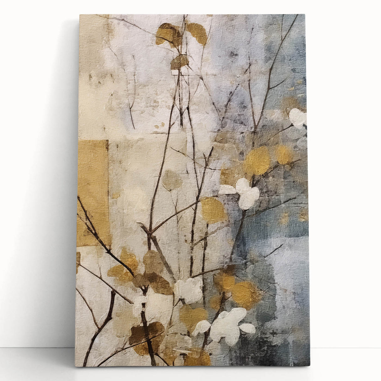 Stretched canvas wall art showcasing vibrant abstract floral designs in soft pastel colors, elegantly leaning against a wall, perfect for modern home decor.