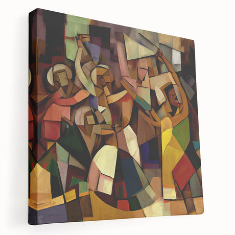 Abstract figurative stretched canvas art piece showcasing vibrant colors and dynamic shapes, viewed from the side, ideal for contemporary home decor.