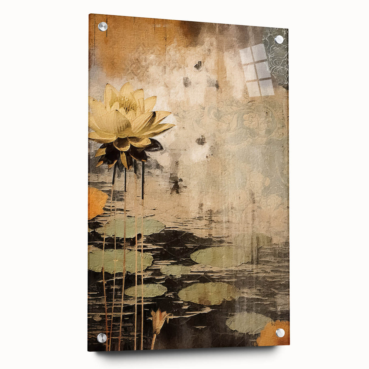 Abstract floral wall art displayed on acrylic glass, showcasing vibrant colors and intricate designs, highlighted by decorative pins against a neutral background.