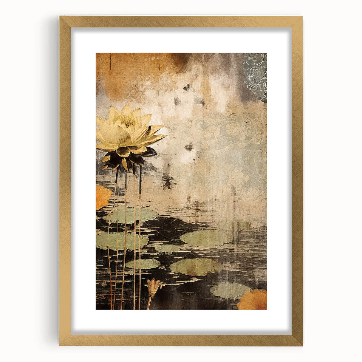 Abstract floral wall art framed in gold with a white mat, showcasing vibrant colors and intricate designs, perfect for modern home decor enhancement.