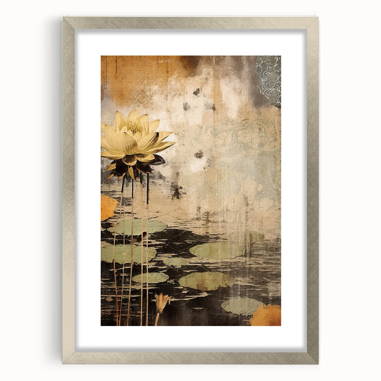 Abstract floral wall art framed in silver with a mat, showcasing vibrant colors and intricate designs. Ideal for modern home decor and enhancing interior aesthetics.