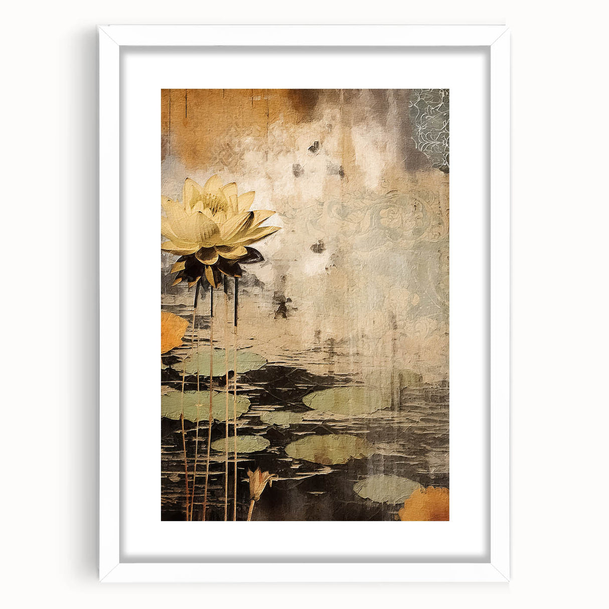 Abstract floral wall art framed in white with a mat, showcasing vibrant colors and intricate designs, perfect for modern home decor and enhancing interior aesthetics.