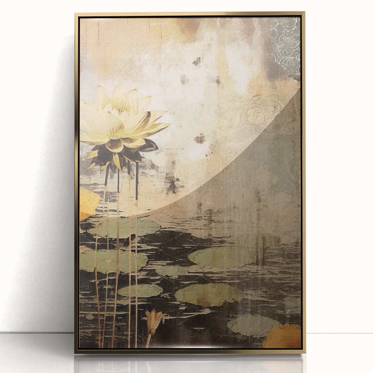 Framed acrylic wall art featuring an abstract floral design in vibrant colors with a gold frame, perfect for adding elegance to modern decor.