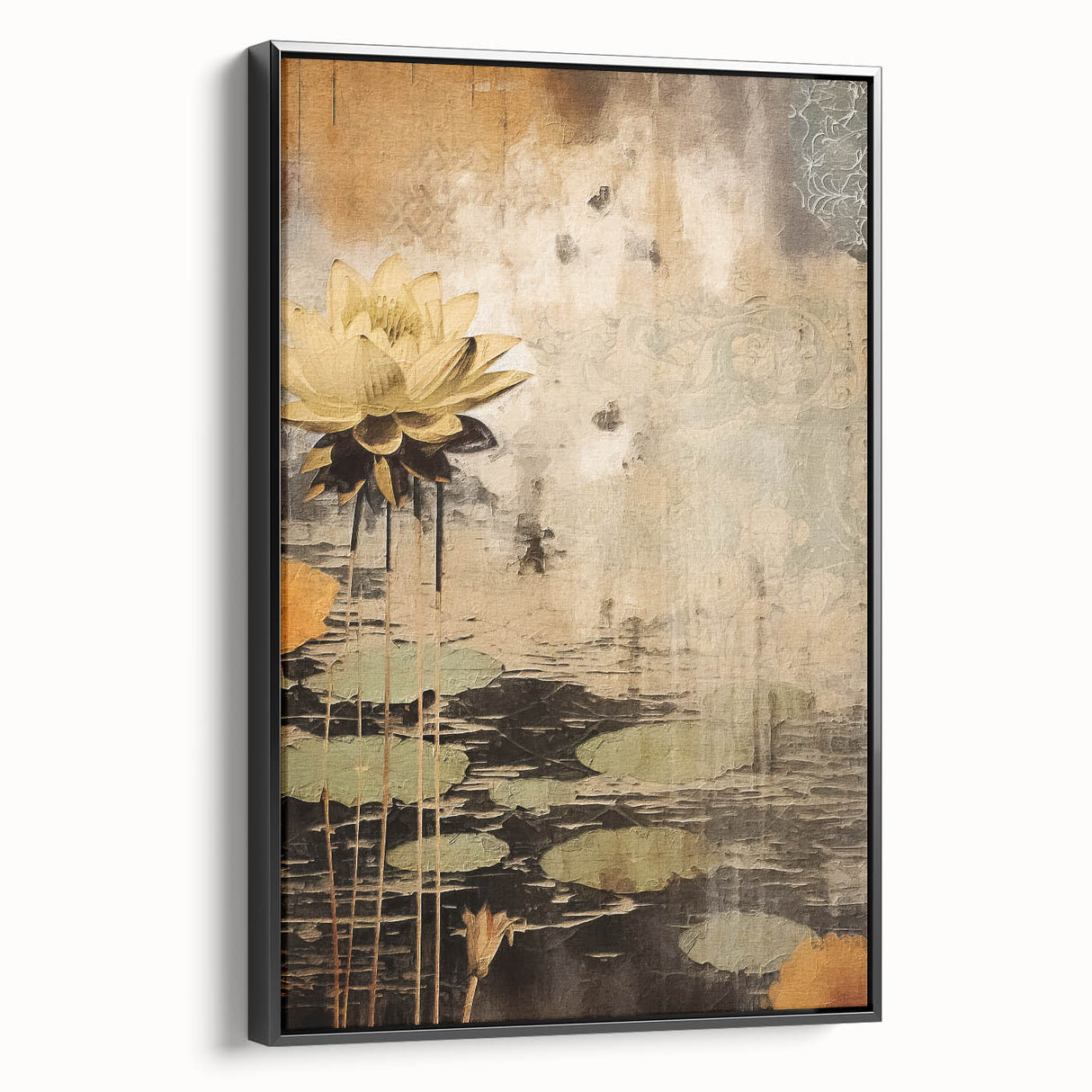 Framed canvas wall art showcasing an abstract floral design in vibrant colors, set against a sleek black frame, perfect for modern decor.