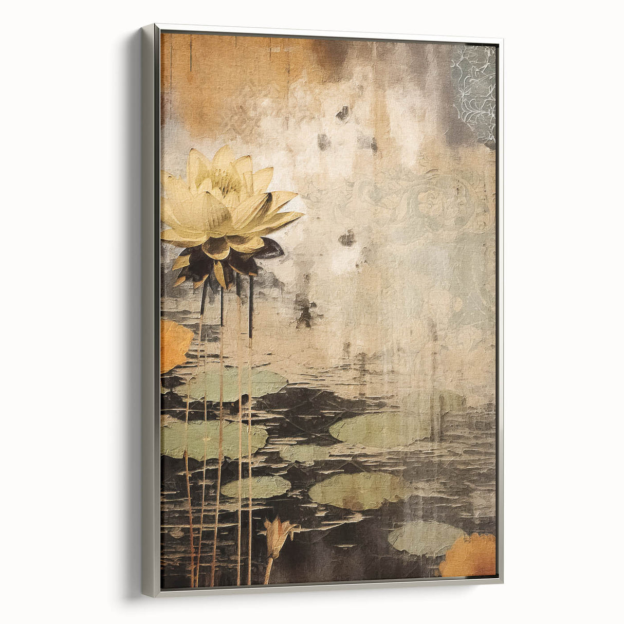Framed canvas wall art featuring abstract floral design in vibrant colors with a sleek silver frame, showcasing modern decor ideal for contemporary interiors.