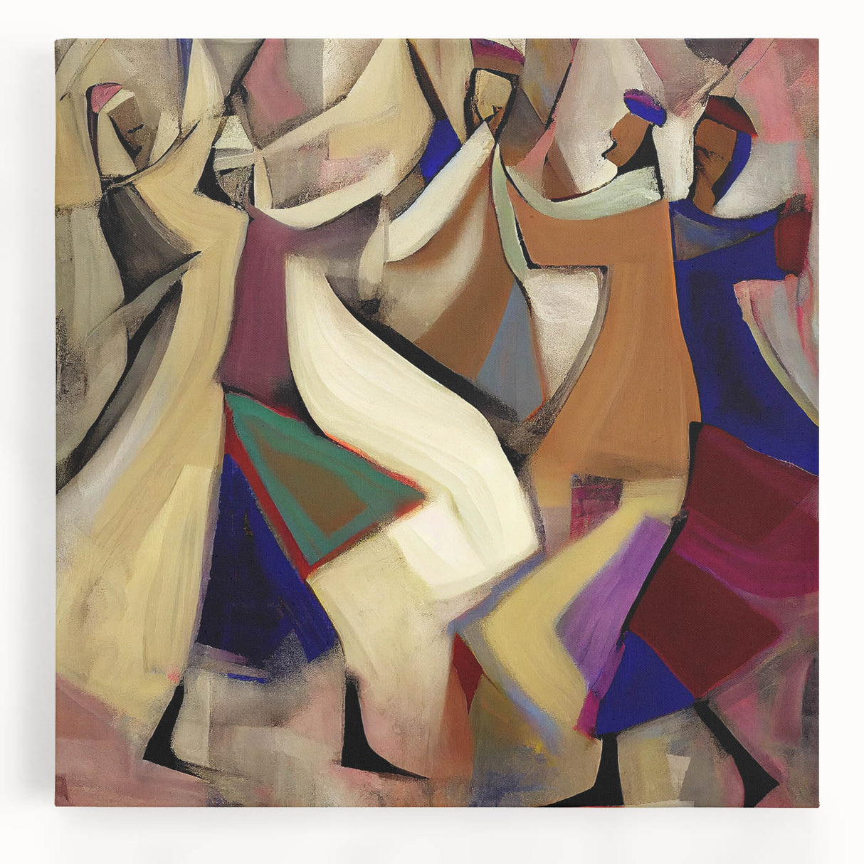 Abstract figurative stretched canvas artwork showcasing vibrant colors and dynamic shapes, ideal for modern home decor, enhancing any living space with artistic flair.