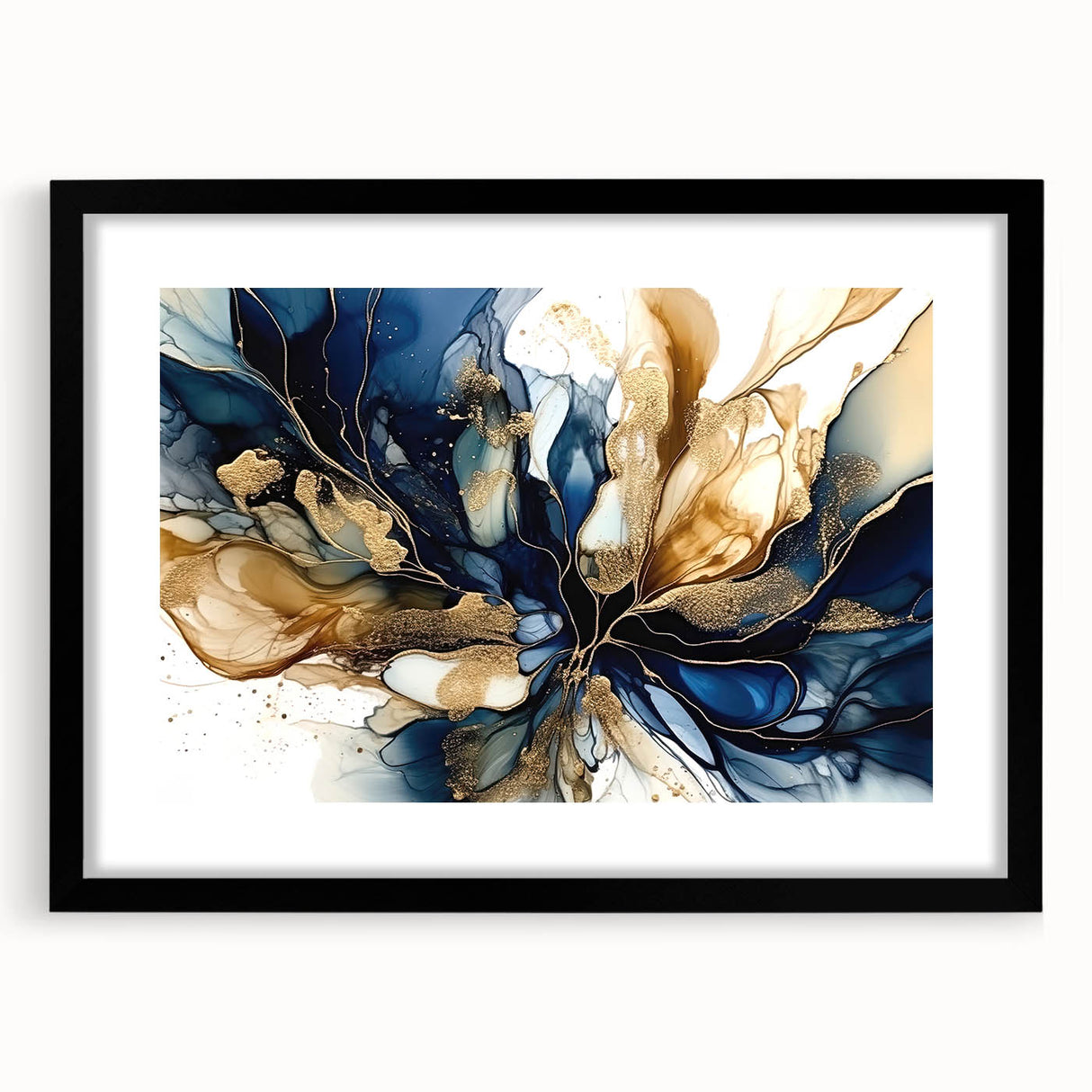 Abstract floral wall art framed in black, featuring vibrant colors and intricate designs, perfect for modern home decor. Ideal for living room or office spaces.
