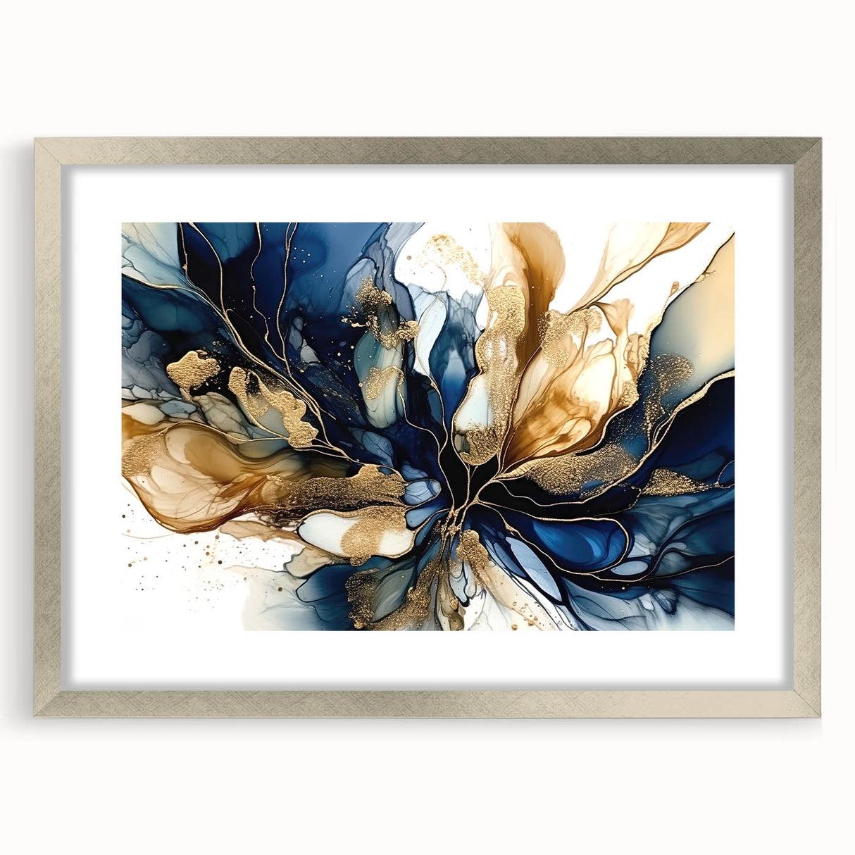 Abstract floral wall art framed with a silver mat, showcasing vibrant colors and intricate patterns, perfect for modern home decor. Ideal for enhancing living spaces.
