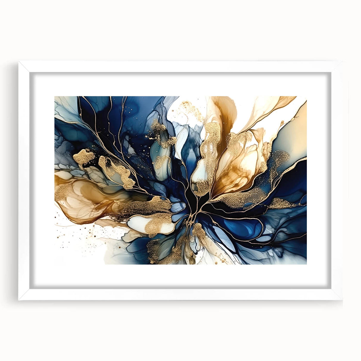 Abstract floral wall art framed with a white mat, showcasing vibrant colors and intricate designs, perfect for enhancing modern home decor. Ideal for living rooms and creative spaces, this elegant piece combines artistry and style, making it a stunning focal point.