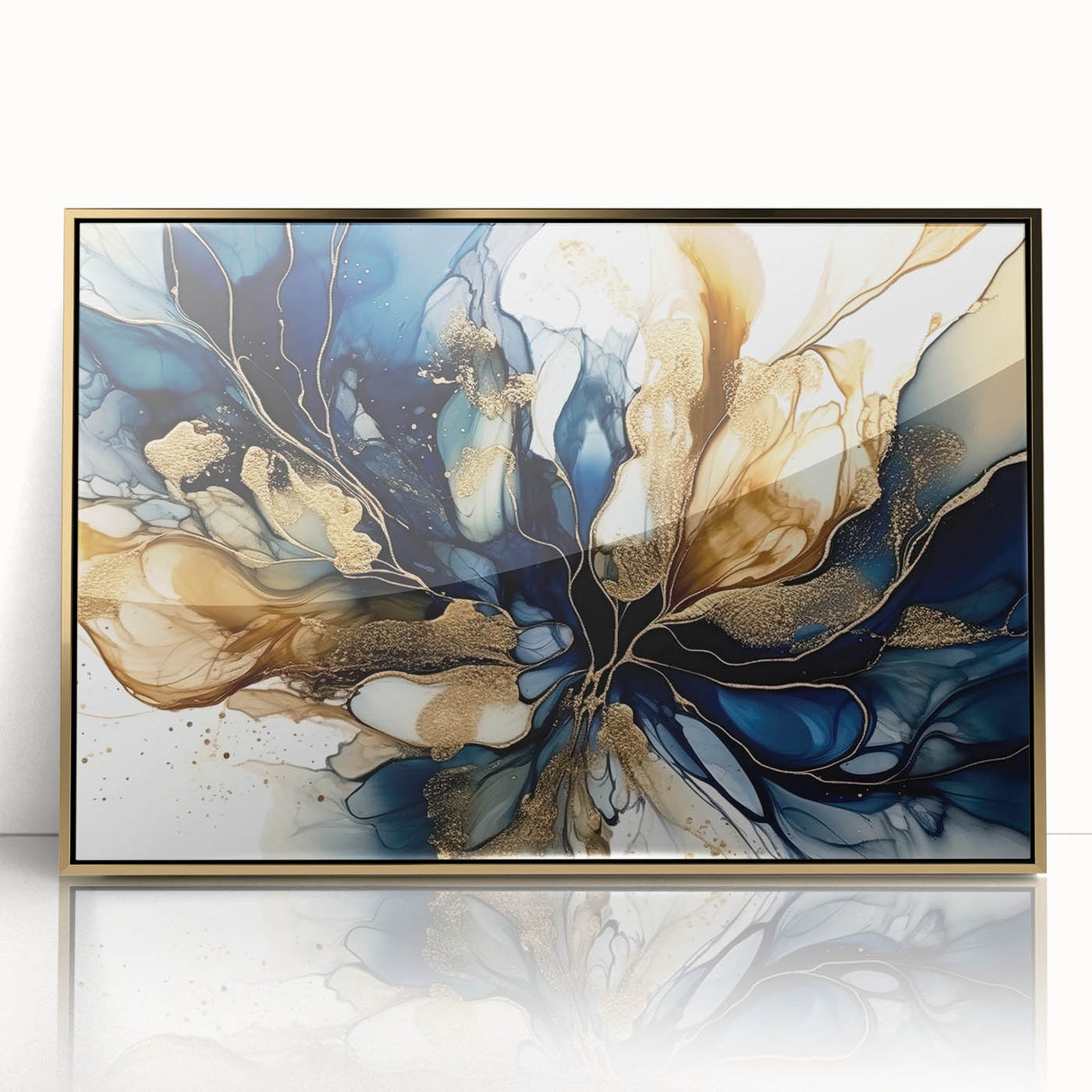 Framed abstract floral wall art featuring vibrant gold accents, set against a neutral background, perfect for modern home decor and enhancing living spaces.