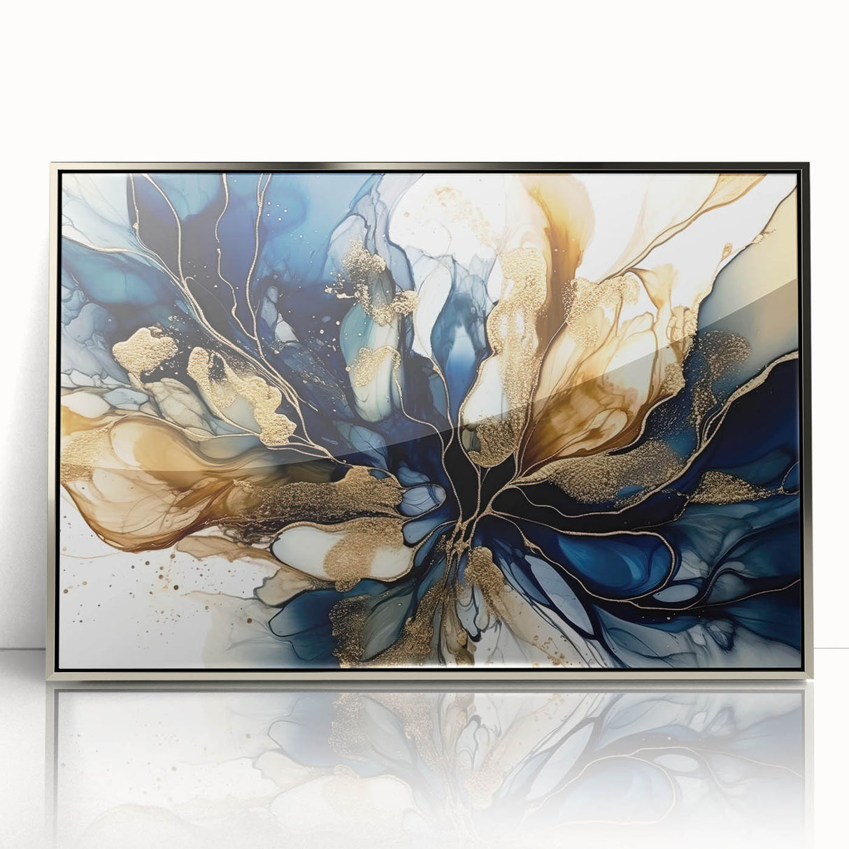 Framed abstract floral wall art in silver acrylic, showcasing vibrant colors and intricate designs, perfect for modern home decor or office aesthetics.
