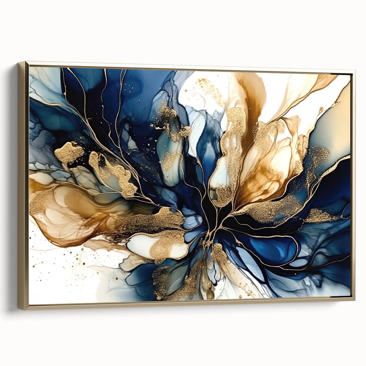 Framed canvas wall art displaying an abstract floral design in vibrant colors with gold accents, showcasing a side view of its elegant frame, ideal for modern decor.