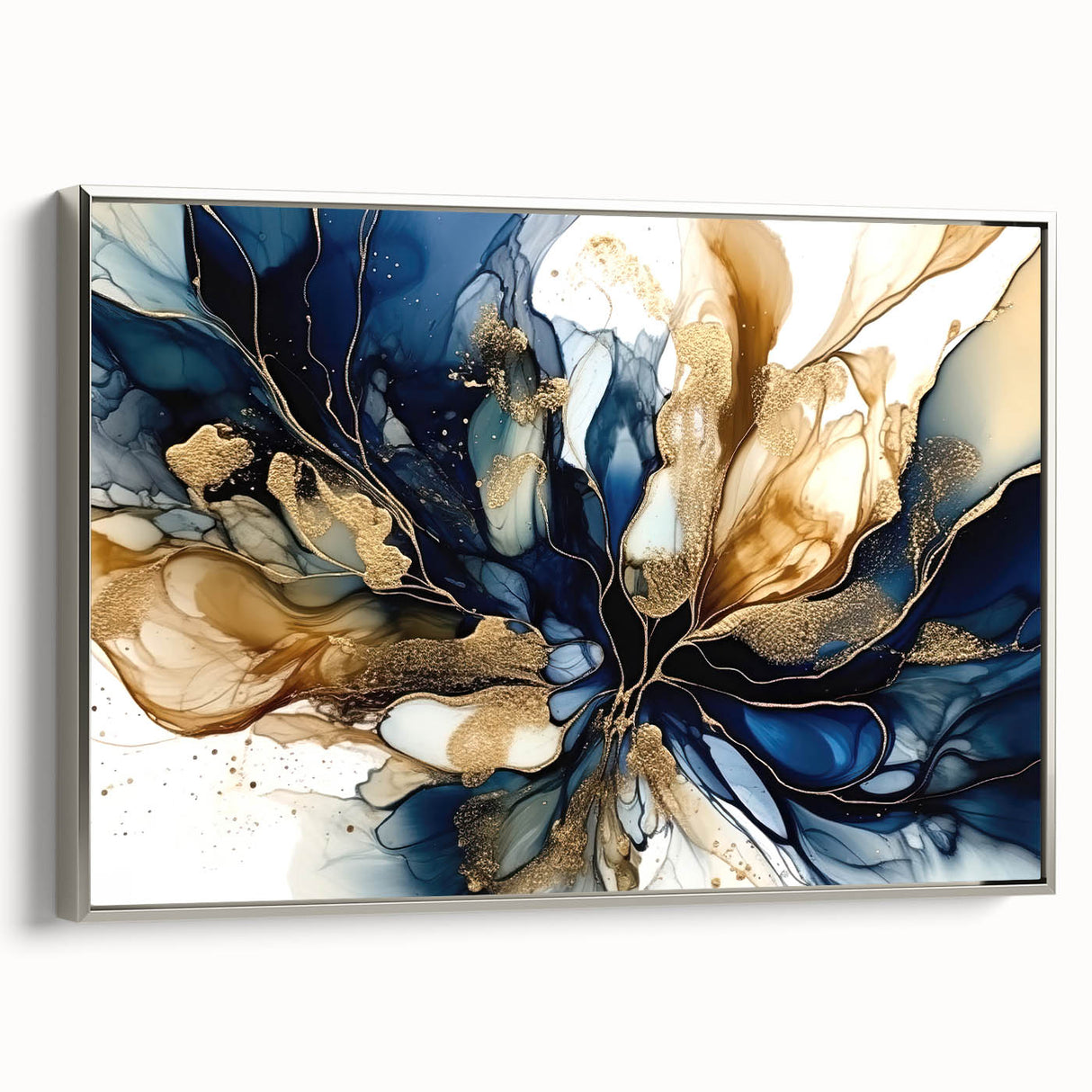 Framed canvas wall art showcasing an abstract floral design in vibrant colors, featuring a sleek silver frame, ideal for modern home decor and interior design.