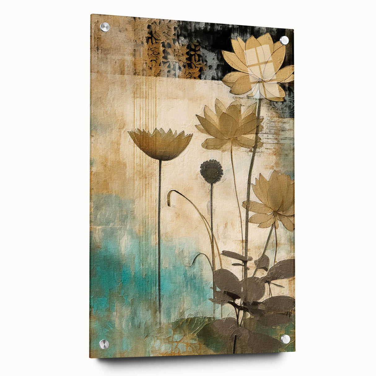Abstract floral wall art displayed in a side view, featuring vibrant colors and intricate designs on acrylic glass, secured with decorative pins for an elegant finish. This contemporary piece adds a touch of elegance to any modern decor.