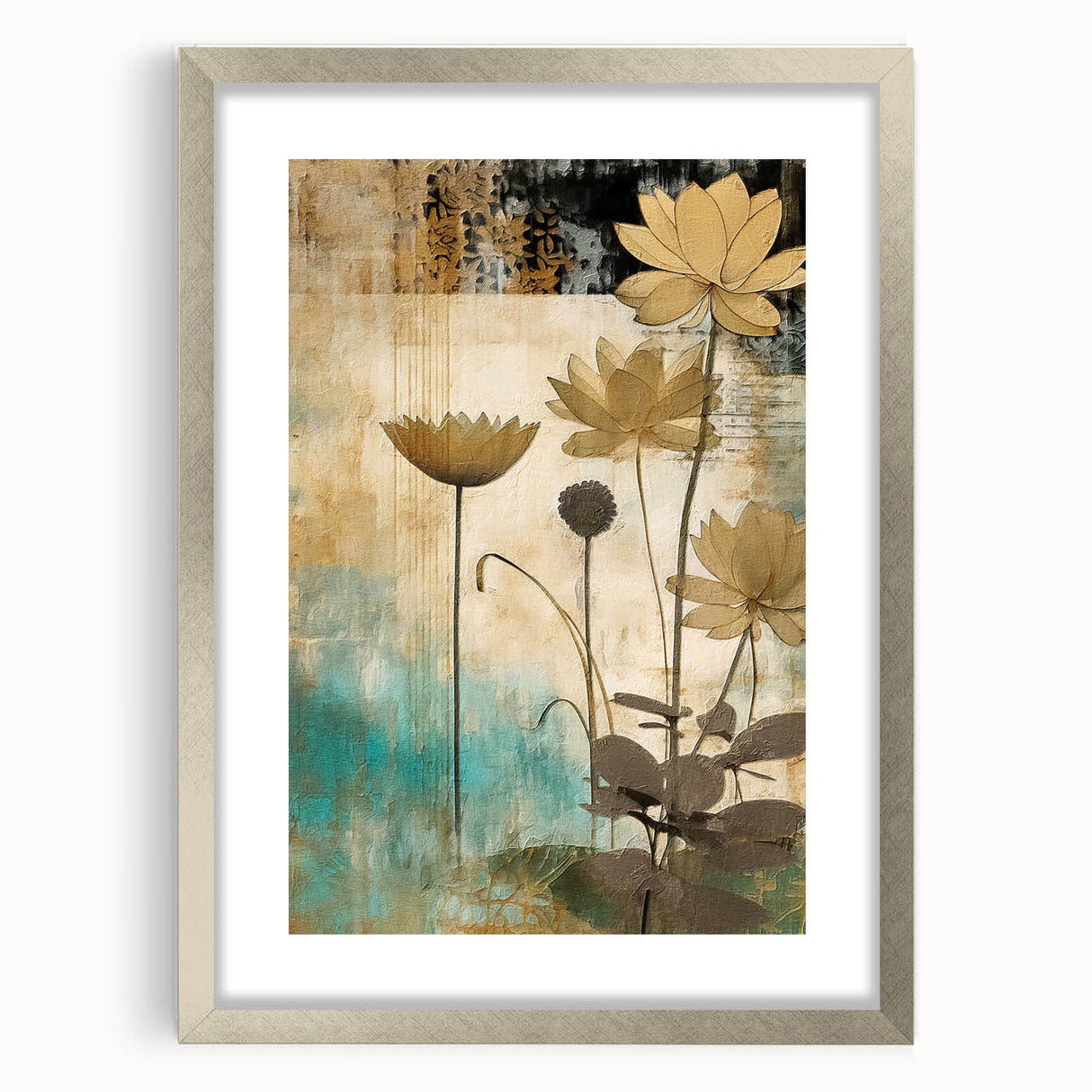 Abstract floral wall art framed in silver, showcasing vibrant colors and intricate designs, perfect for adding elegance to any home decor.