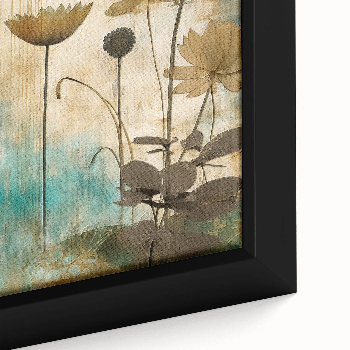 Close-up of a framed abstract floral wall art piece showcasing vibrant colors and intricate details, ideal for modern home decor and art enthusiasts. This canvas artwork adds a touch of elegance and creativity to any space.
