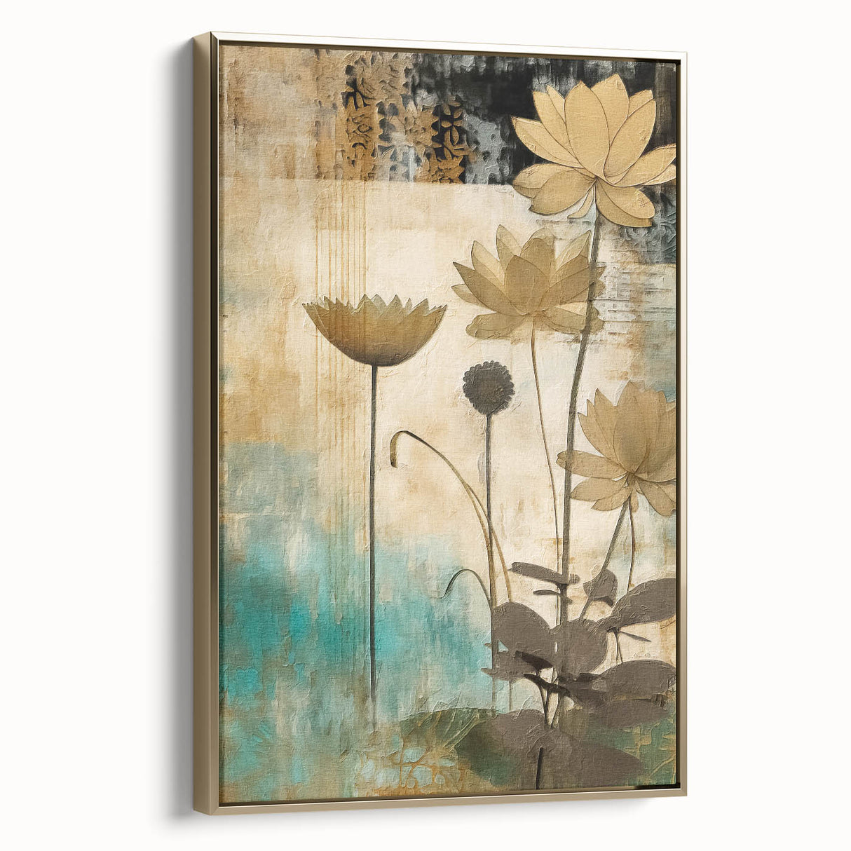 Framed canvas wall art showcasing abstract floral designs in vibrant colors with gold accents, ideal for modern home decor. Side view highlights its elegant frame.