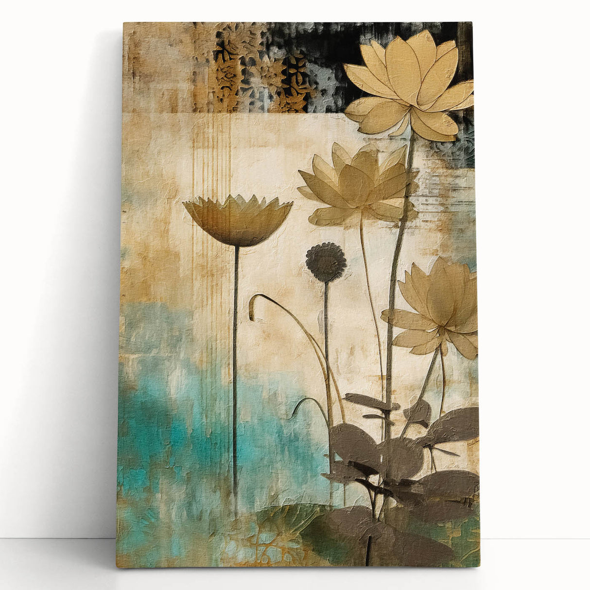 Abstract floral wall art on a stretched canvas, featuring vibrant colors like pink, blue, and yellow, elegantly leaning against a neutral wall in a modern interior setting. Ideal for enhancing home decor with a touch of contemporary elegance.