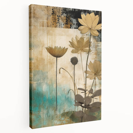 Abstract floral wall art on stretched canvas, showcasing vibrant colors and intricate patterns, perfect for modern home decor. Side view highlights the canvas depth and texture, enhancing aesthetic appeal for art enthusiasts.
