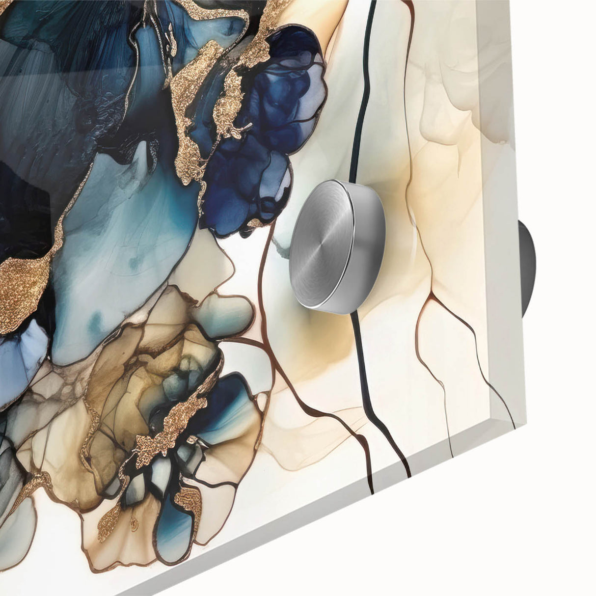 Close-up of vibrant abstract floral wall art design, featuring bold colors and intricate details, displayed on sleek acrylic glass for a modern aesthetic.