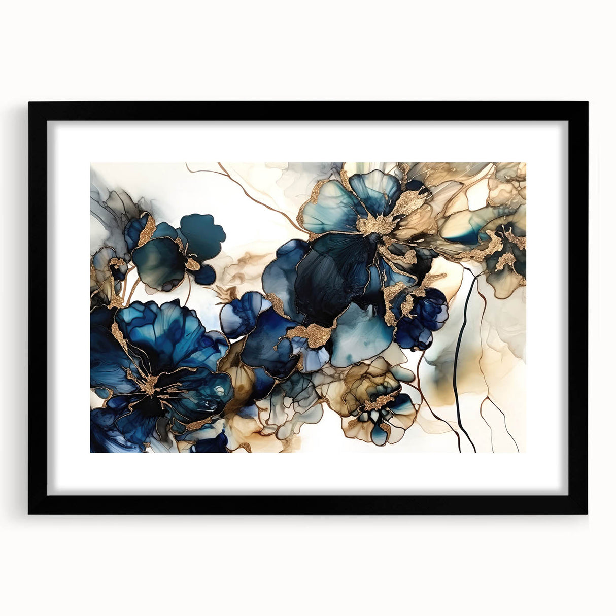 Abstract florals wall art framed with a black matte, showcasing vibrant colors and intricate patterns. Ideal for modern home decor, adding a touch of elegance.