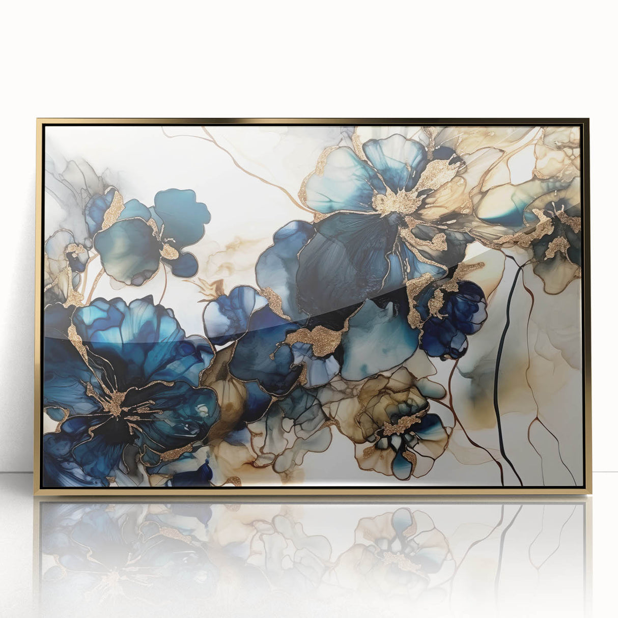 Framed abstract floral wall art featuring vibrant colors of pink, purple, and gold, elegantly displayed in an acrylic frame, perfect for modern home decor.