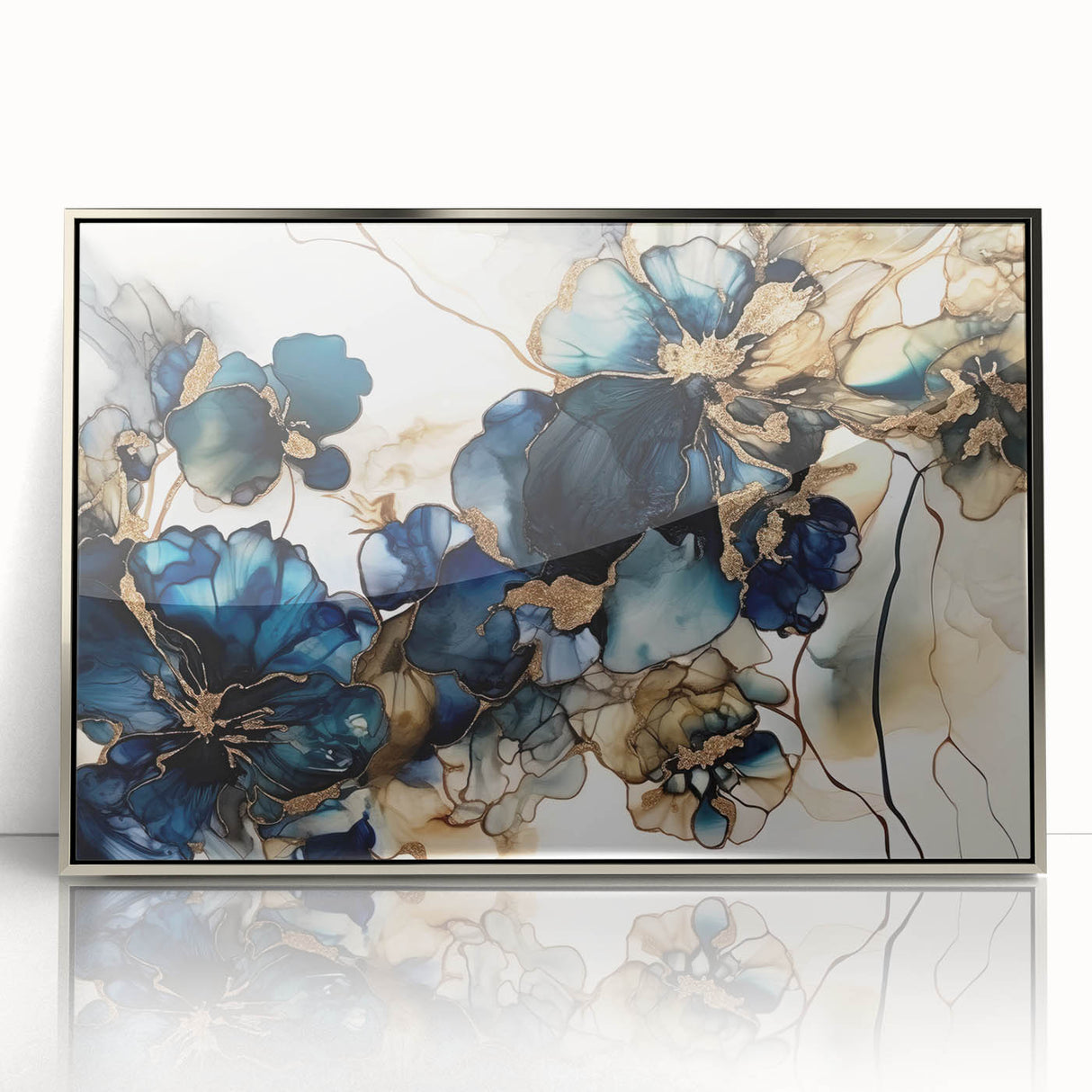 Framed abstract floral wall art featuring vibrant colors and intricate designs, elegantly showcased in a sleek silver acrylic frame, perfect for modern decor.