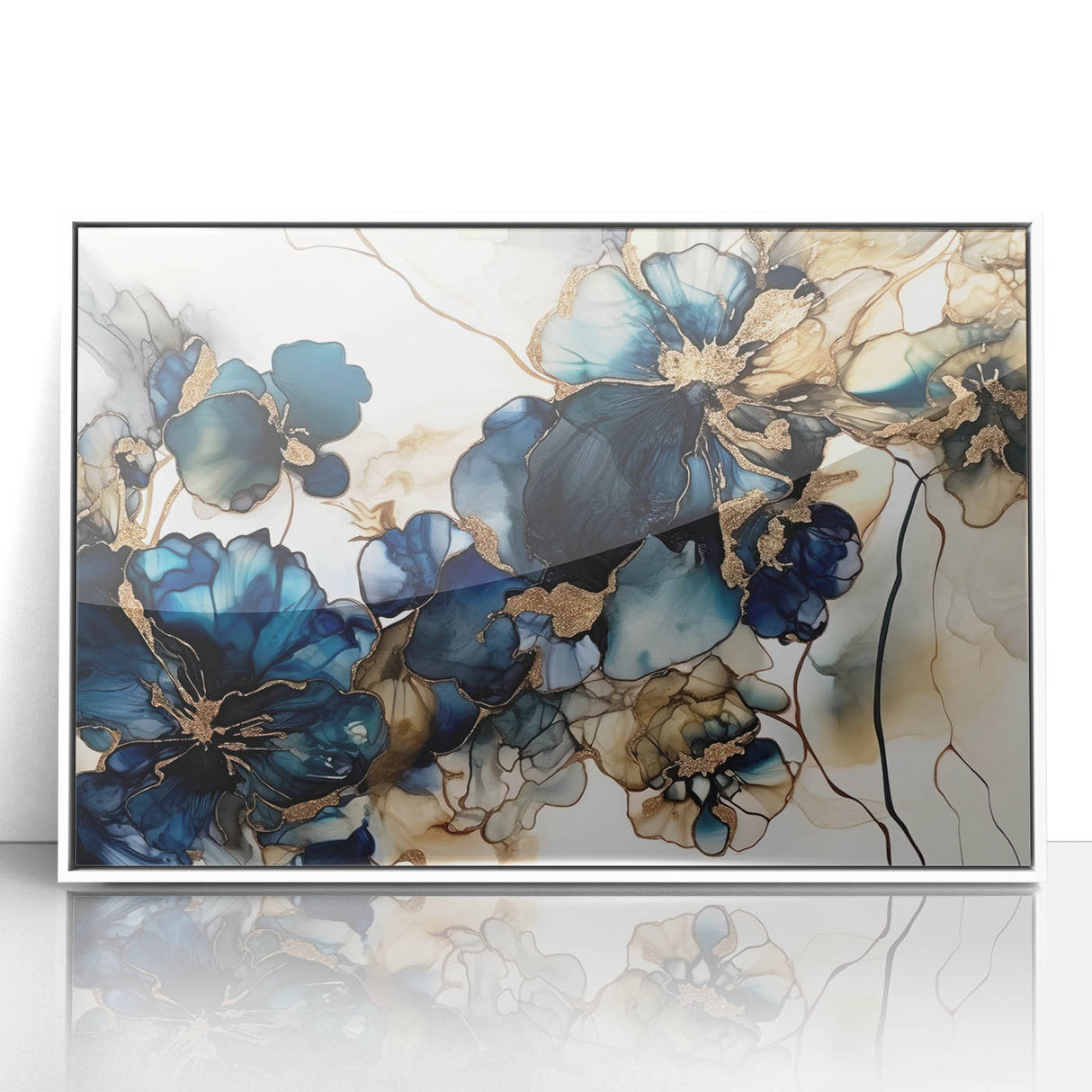 Framed abstract floral wall art in a sleek white frame, featuring vibrant colors and intricate designs, perfect for modern home decor and enhancing any room's ambiance.