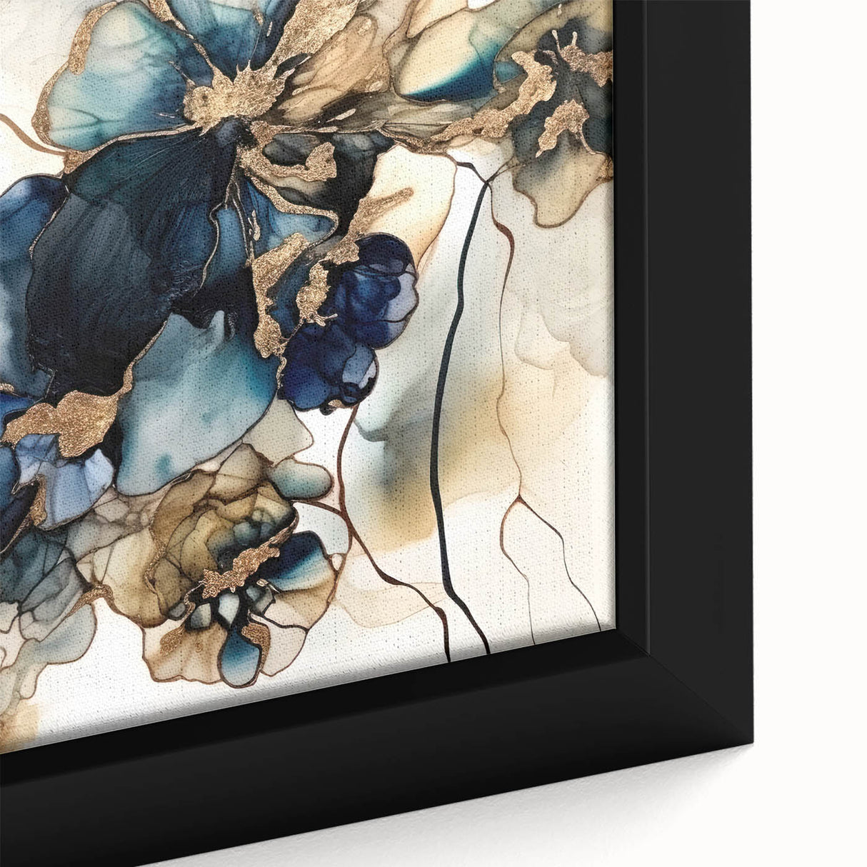 Close-up of framed abstract floral wall art, showcasing vibrant colors and intricate details, perfect for modern home decor. Ideal for adding a touch of nature-inspired elegance to any space.